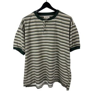 Vintage 2000s RUE Henley Style Buttoned Striped Boxy Green Shirt Size XL